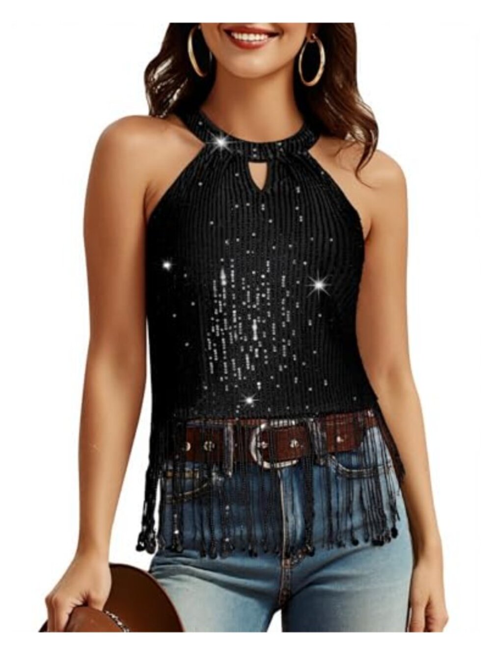 Sequin Fringe Halter Tank Top Country Concert Party